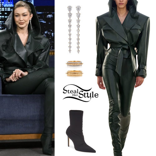 Gigi Hadid: Leather Hooded Jacket and Pants