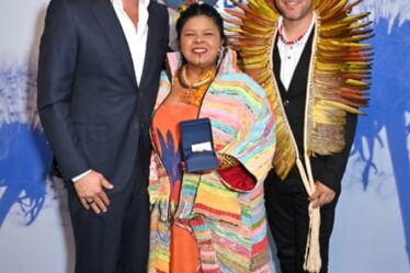 Leonardo DiCaprio, Brazil’s Indigenous peoples minister Sonia Guajajara and Gasparini Kaingang at the Green Carpet Fashion Awards in Hollywood