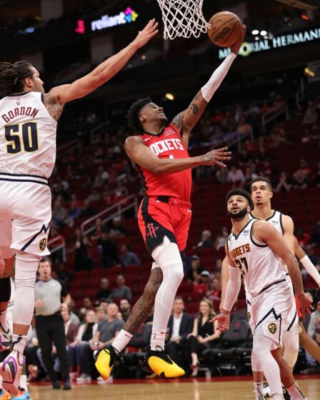 Jalen Green #4 of the Houston Rockets drives to the basket on Aaron Gordon #50 of the Denver Nuggets during the first quarter at Toyota Center on Feb. 28, 2023 in Houston.