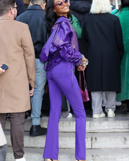 jourdan dunn, paco rabanne, paris fashion week, pfw, 2023, purple jacket, pants, strappy heels, black bra top