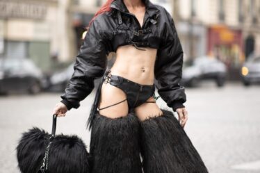 julia fox, paris fashion week, pfw, 2023, fur boots, fur bag, heart bag, leather jacket