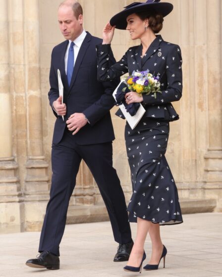 Prince William, Prince of Wales and Catherine, Princess of Wales smile as they depart the 2023 Commonwealth Day Service at Westminster Abbey on March 13, 2023 in London, England.