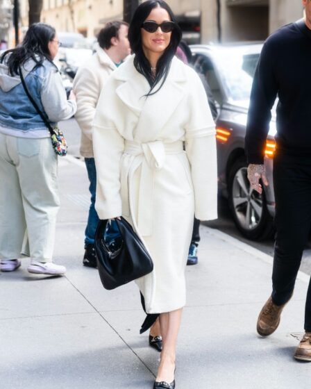 katy perry, white coat, black kitten heels, pointed toe, nyc, celebrity style