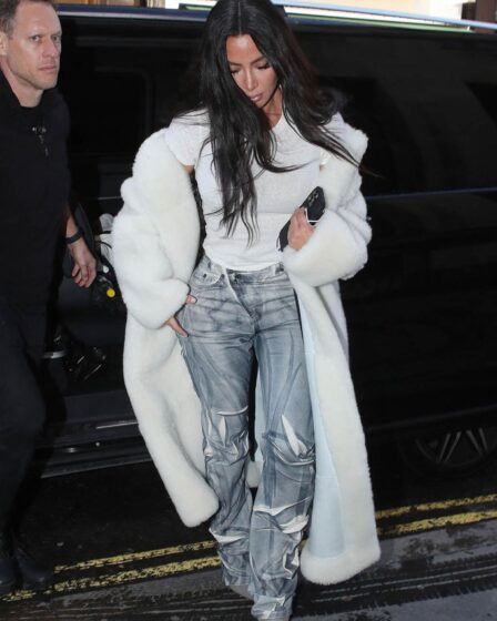 Kim Kardashian, London, Celebrity Style, Fuzzy Coat, Pointy Heels