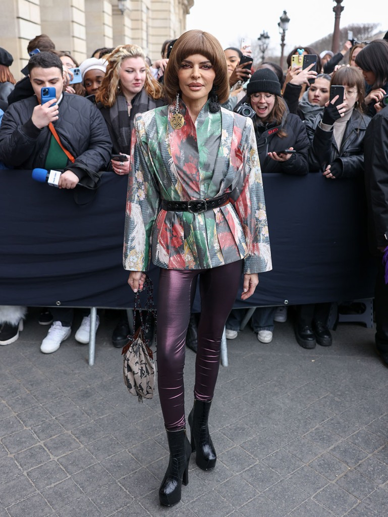 Lisa Rinna in Floral Top and Sky-High Black Platform Boots in Paris ...
