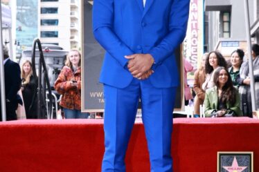 michael b jordan, blue suit, hollywood walk of fame star ceremony, la, black combat boots