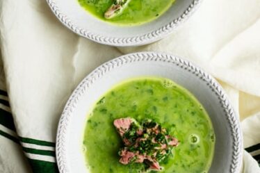 ‘The bright green notes of the pea soup fill us with hope for the new season’: pea soup with ham hock and herbs.