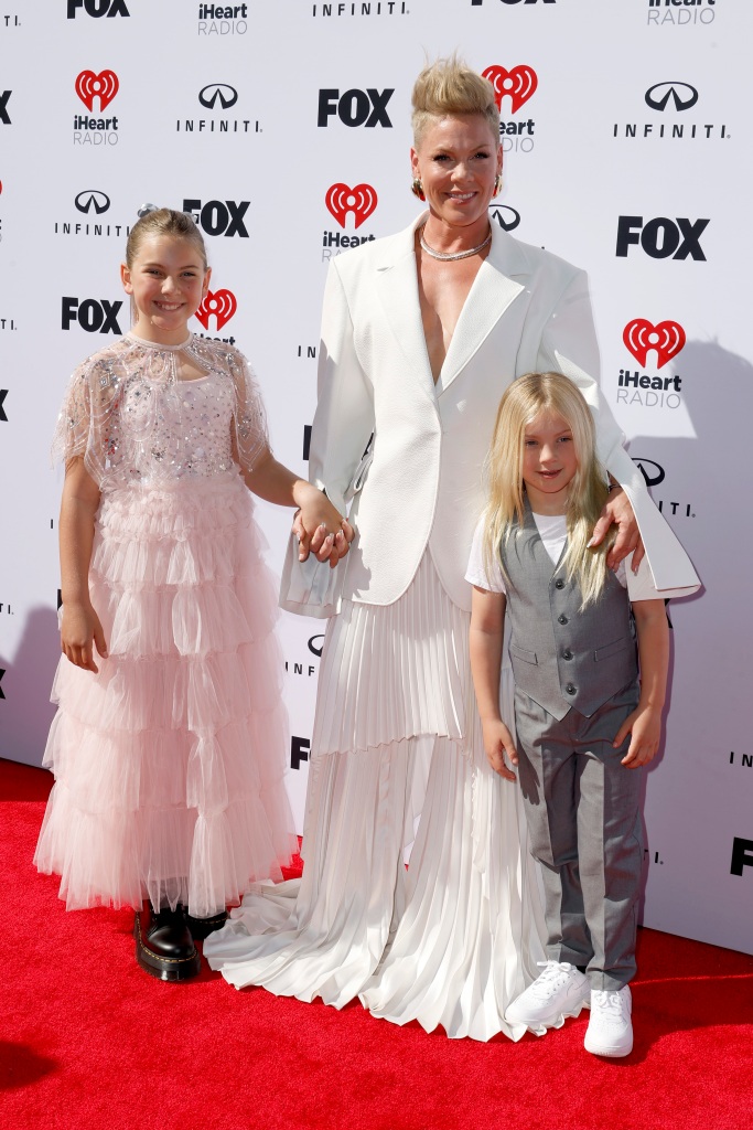 HOLLYWOOD, CALIFORNIA - MARCH 27: (L-R) Willow Hart, P!NK and Jameson Hart attend the 2023 iHeartRadio Music Awards at Dolby Theatre on March 27, 2023 in Hollywood, California. (Photo by Frazer Harrison/Getty Images)