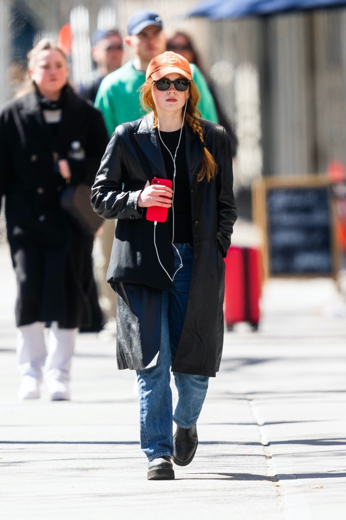 Sadie Sink Gets Casually Cool in Black Leather Coat & Lug Sole Boots ...