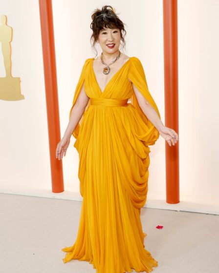 sandra oh, orange gown, 2023 oscars, 95th annual academy awards, red carpet, awards