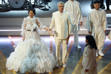 Stephanie Hsu and David Byrne perform at the 95th Academy Awards on March 12, 2023 in Los Angeles.
