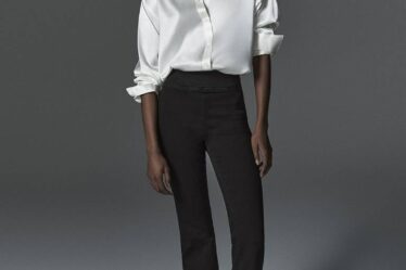 Women in white shirt and black pants made by Frame.