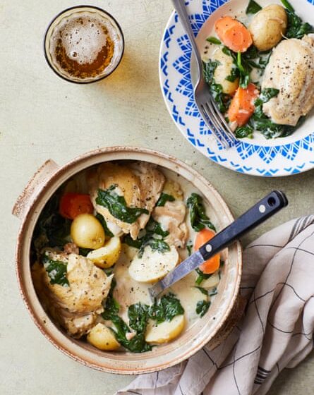 Tom Kerridge’s chicken and spring veg stew in a pot and a plate of Tom Kerridge’s chicken and spring veg stew next to the pot.