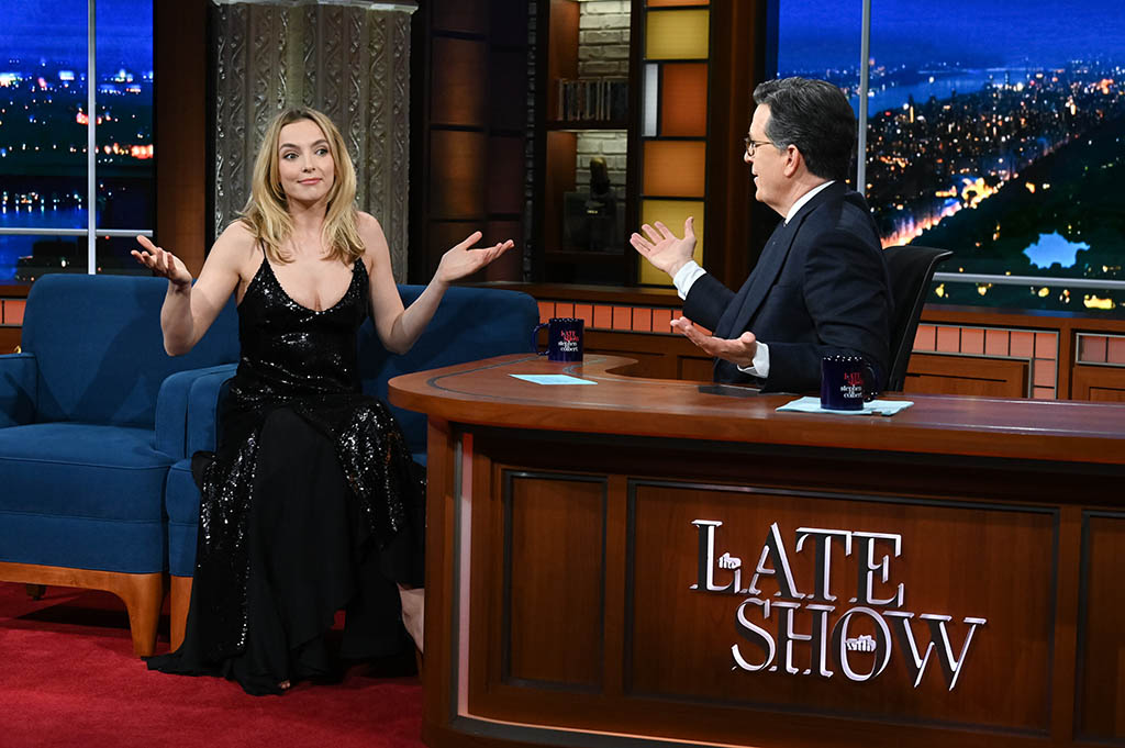 Jodie Comer, Stephen Colbert, Dress, Strappy Sandals, Celebrity Style 