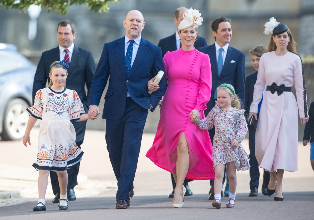 WINDSOR, ENGLAND - APRIL 09: Mia Tindall, Peter Phillips, Mike Tindall, Zara Tindall, Edoardo Mapelli Mozzi, Lena Tindall and Princess Beatrice attend the Easter Mattins Service at Windsor Castle on April 09, 2023 in Windsor, England. (Photo by Samir Hussein/WireImage)