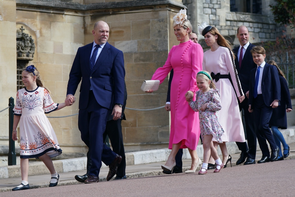 Zara Tindall, Lena Tindall, Easter, pink dress, long dress, heels, high heels, womens heels, pumps, suede pumps, flats, pink flats, leather flats, children's flats, girls flats, Easter service, England, Windsor Castle, royal family, holidays, children's, children's shoes