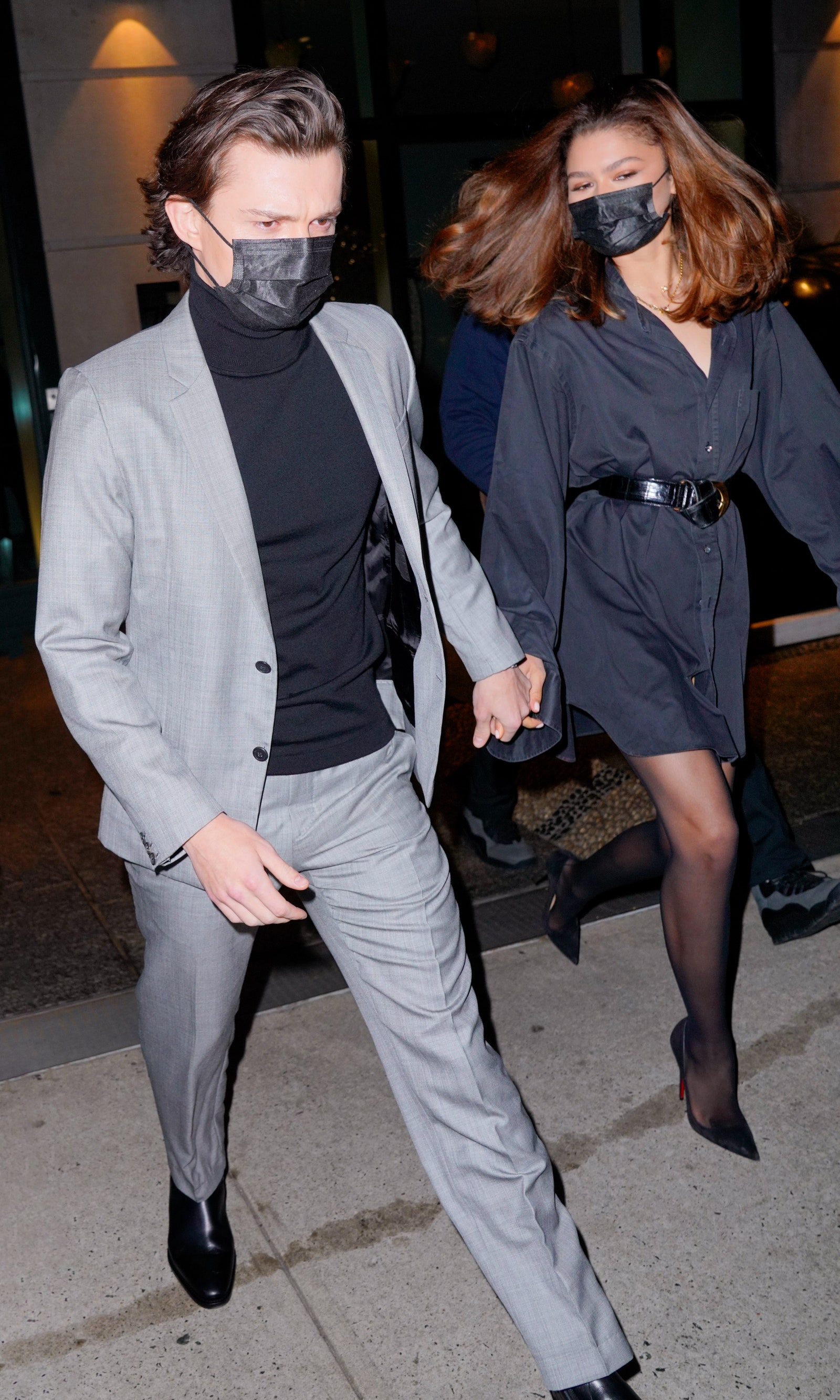 NEW YORK NEW YORK  FEBRUARY 16 Tom Holland and Zendaya are seen departing their hotel on February 16 2022 in New York City.