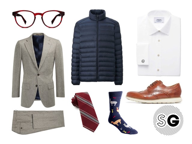 office, work, puffer, suit, suit supply, warby parker, llama, the tie bar, cole haan, charles tyrwhitt
