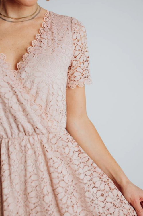 Close up model shot of Baltic Born's Venice Lace Maxi Dress in blush pink