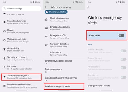 Screenshots showing the settings for emergency alerts on a Google Pixel phone.