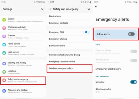 Screenshots showing the settings for emergency alerts on a Samsung Galaxy phone.