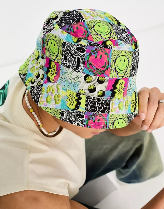 ASOS Design Smiley Collab reversable safari bucket hat in multicolor