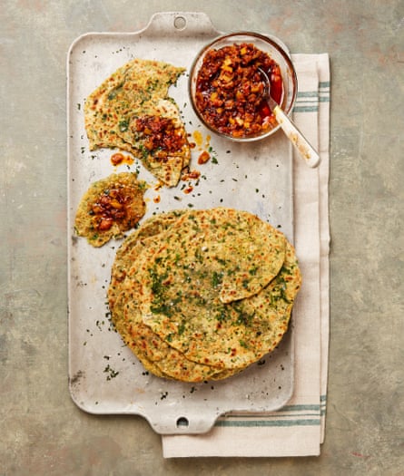 Yotam Ottolenghi’s herby ghee rotis with preserved lemon pickle.