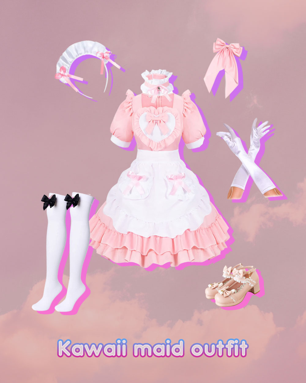 maid kawaii outfit inspiration - maid costume, ruffle dress, bow, gloves, lolita shoes, thighs, ruffle headbands