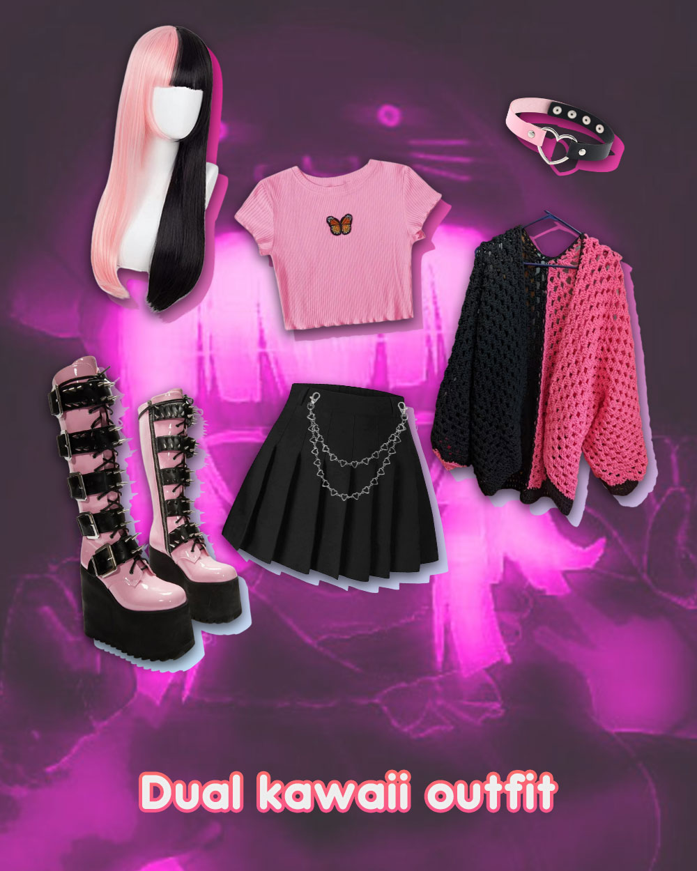 Dual kawaii outfit inspiration - pink and black wig, pink butterfly lettuce-trim crop top, pleated mini black skirt, chain belt, pink and black corset cardigan, pink and black platform shoes, dual kawaii outfi