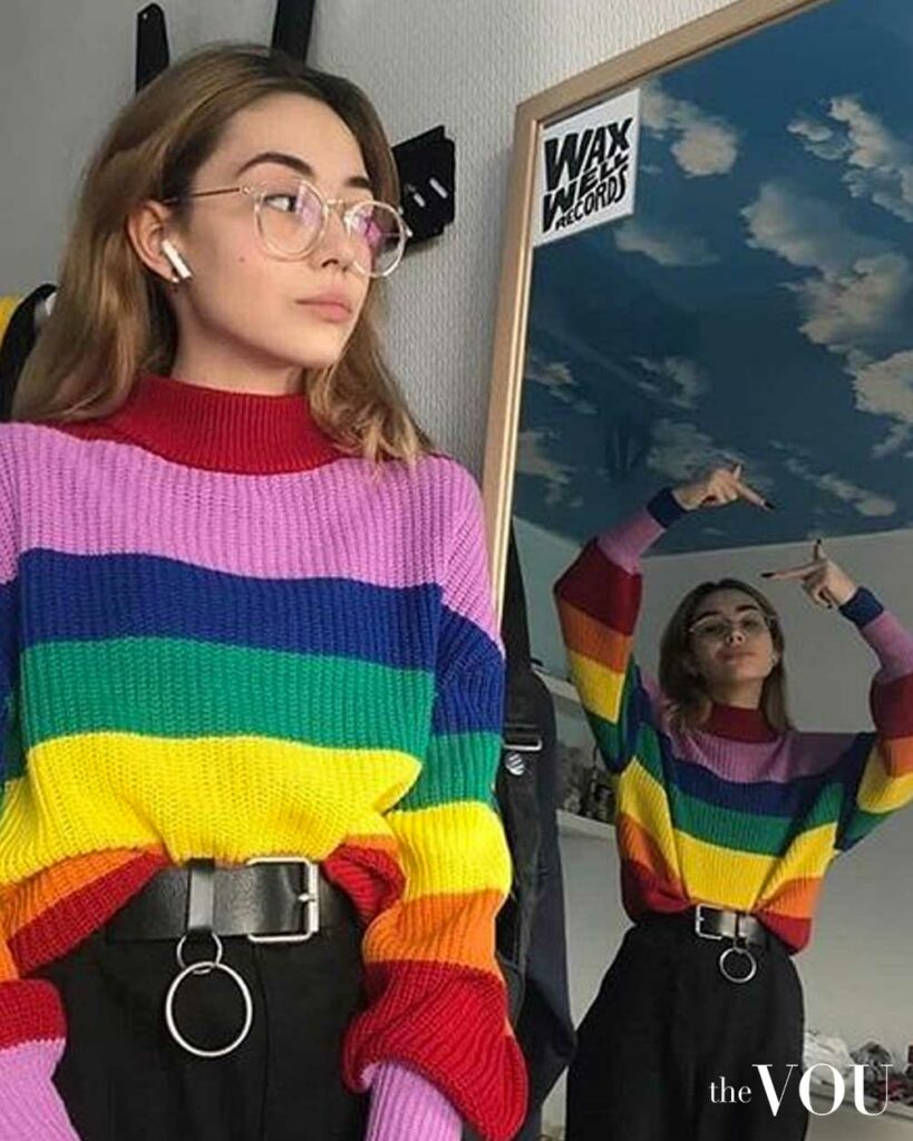 rainbow knitwear cardigan, belt, black pants