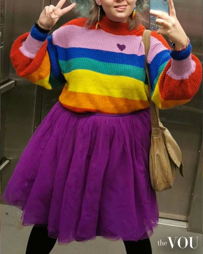 knitwear cardigan, tulle skirt, rainbow accessories