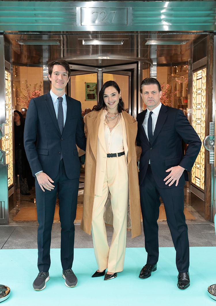 Alexandre Arnault, Executive Vice President of Tiffany & Co., Gal Gadot and Anthony Ledru, President and Chief Executive officer of Tiffany & Co. attend Tiffany & Co. reopening of NYC flagship store The Landmark with ribbon cutting ceremony  on April 26, 2023 in New York City. 
