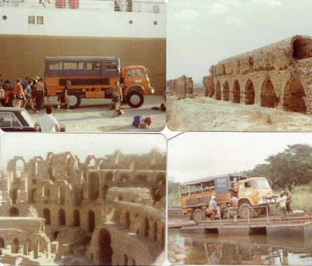 A selection of faded travel photos, including an orange Bedford truck on a road. 