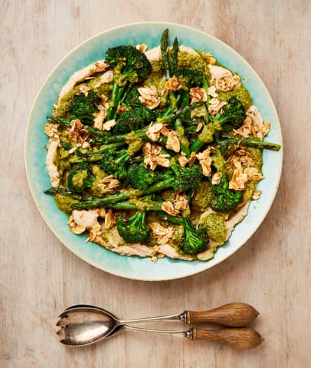 Yotam Ottolenghi’s grilled broccolini and asparagus with green pepper salsa and butterbeans.