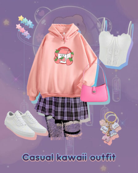 Casual Kawaii outfit inspiration - cute pastel hoodie, white lace corset, plaid skirt, pink shoulder bag, white sneakers, Kawaii keyring