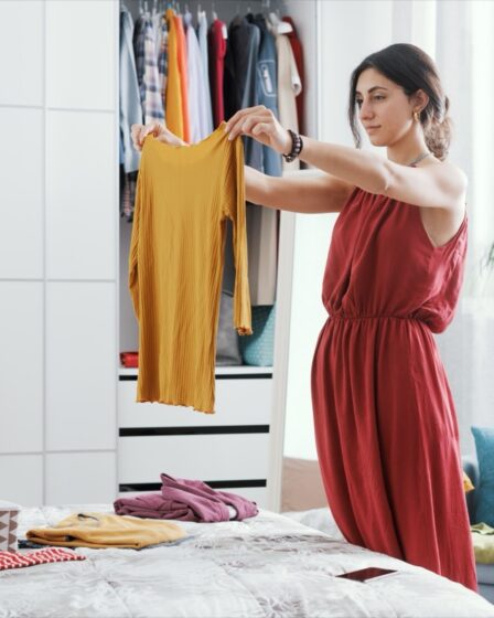 Woman trying on new clothes.