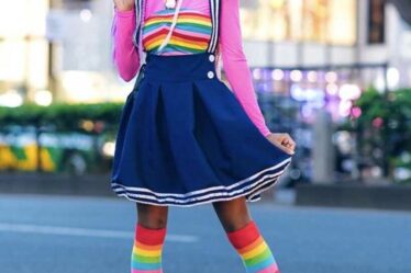 chocker, long-sleeve top, miniskirt, rainbow knee-high socks, butterfly detail boots,