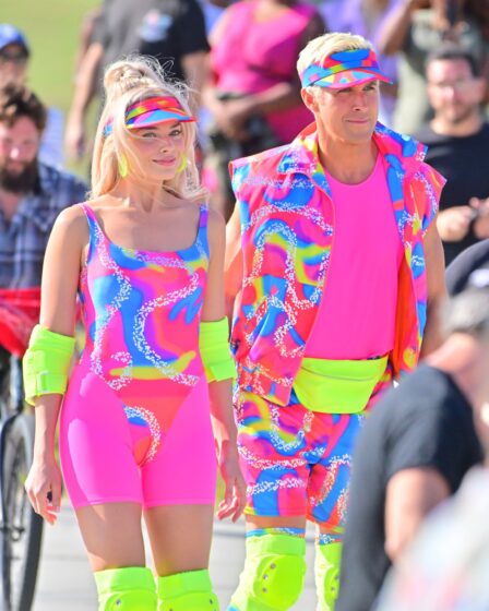 LOS ANGELES CA  JUNE 27  Margot Robbie and Ryan Gosling on rollerblades film new scenes for 'Barbie' in Venice...
