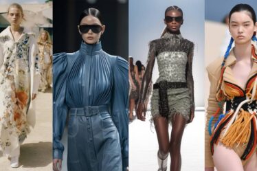 A collage shows four photorealistic AI-generated looks, including what looks like a white drop-shouldered jumpsuit painted and embroidered with flowers, a closeup of a blue leather top with puff shoulders and extensive pleating, a shot centred on a sparkly silver and black dress with fringe detailing and a detail shot of an elaborate knit jacket in tan cinched with coiled braids in blue, orange, black and white hanging off and cinched at the waist with a large black belt.