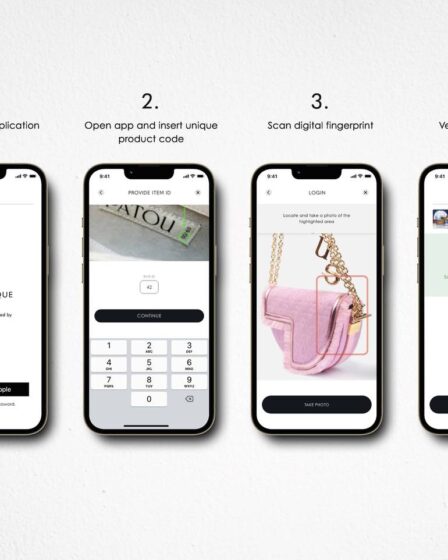 Four iPhone screens show the process of authenticating a bag step-by-step, including entering the bag's unique ID number and then taking a photograph of a designated area on the bag.