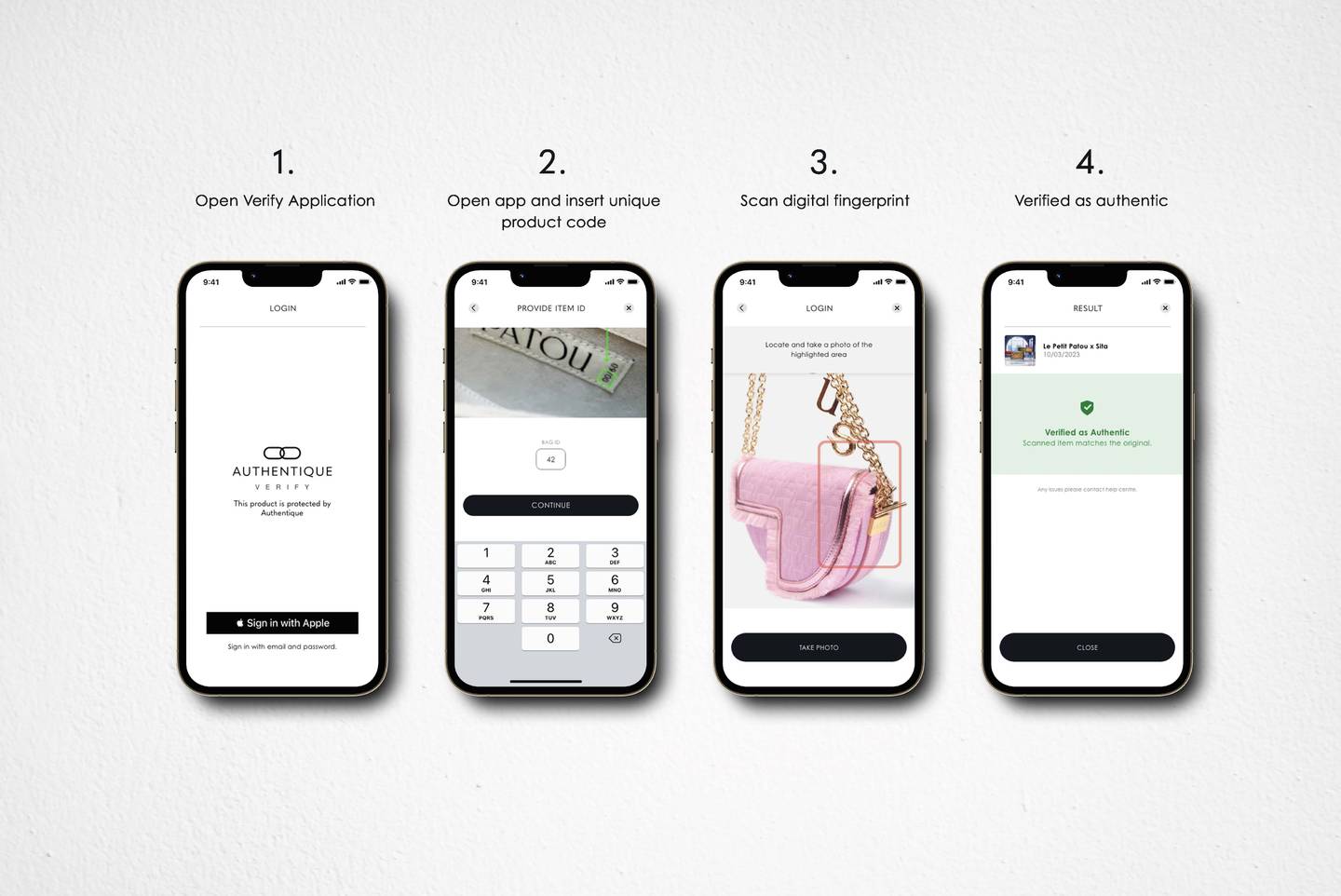Four iPhone screens show the process of authenticating a bag step-by-step, including entering the bag's unique ID number and then taking a photograph of a designated area on the bag.