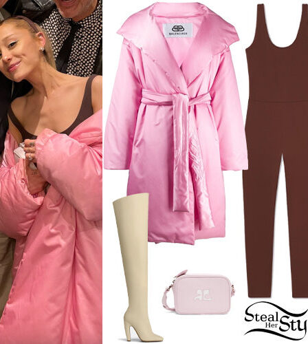Ariana Grande: Pink Coat, Brown Unitard