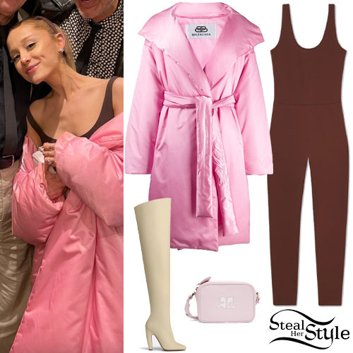 Ariana Grande: Pink Coat, Brown Unitard