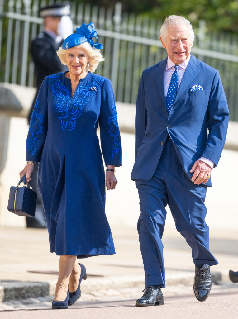 WINDSOR, ENGLAND - APRIL 09: King Charles III and Camilla, Queen Consort attend the Easter Mattins Service at Windsor Castle on April 09, 2023 in Windsor, England. (Photo by Samir Hussein/WireImage)