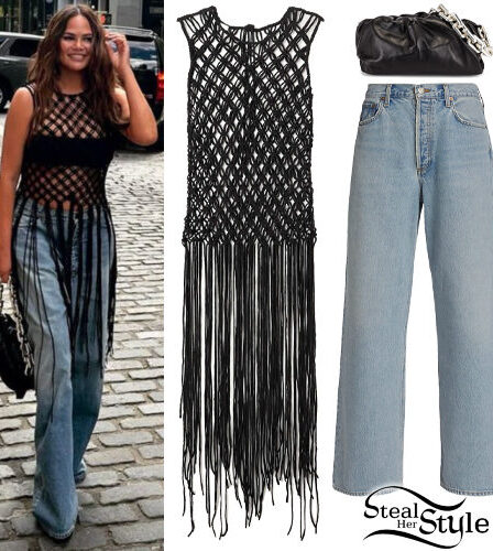 Chrissy Teigen: Macrame Top, Baggy Jeans