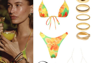 Hailey Baldwin: Printed Bikini, Gold Bracelets