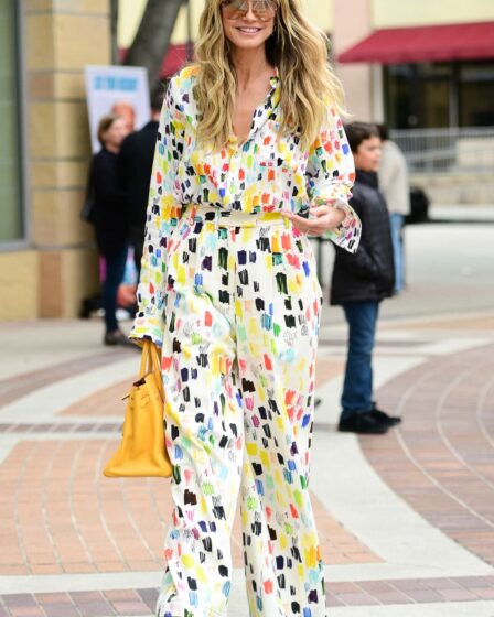 Heidi Klum, America's Got Talent, pumps, white pumps, heels, high heels, stilettos, stiletto heels, Hermes, Birkin, handbag, Birkin bag, pants, printed pants, blouse, printed blouse, sunglasses, Los Angeles