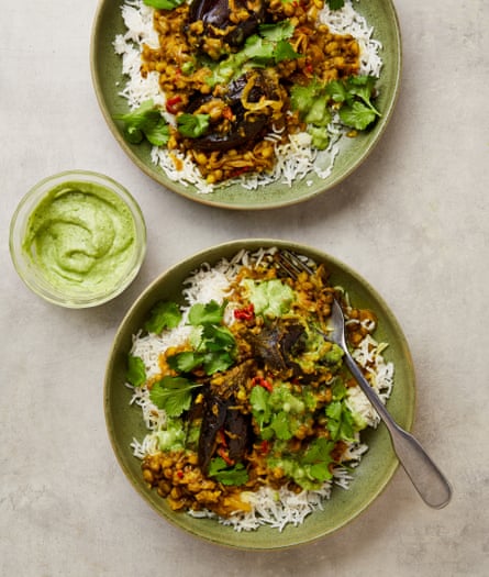 Yotam Ottolenghi’s aubergine and mung bean curry with coriander cream