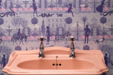 Making an impact: a peach-pink sink with a dramatic wallpaper.