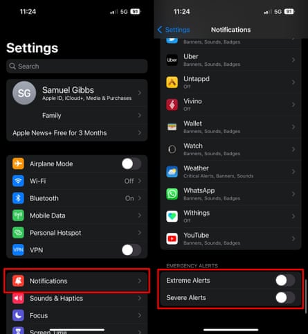 Screenshots showing the settings for emergency alerts on an iPhone.